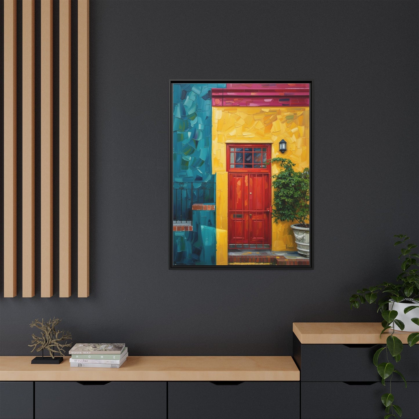 Framed Matte Canvas Wall Art — Colorful Red Door on Yellow Facade