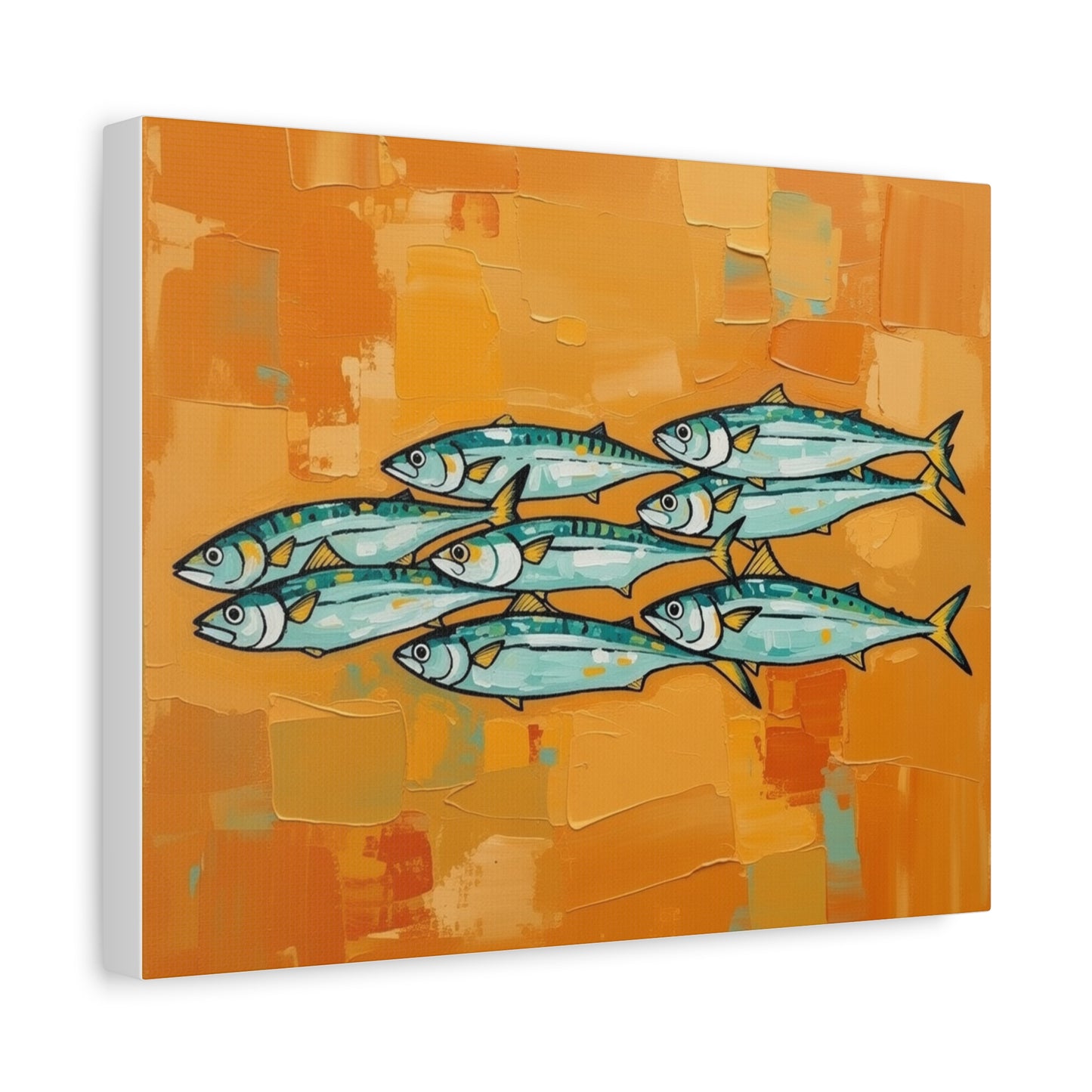School of Mackerel Canvas Wall Art — Nautical Fish Painting on Orange Background