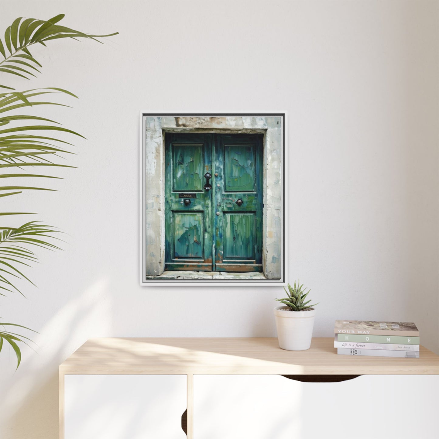 Framed Matte Canvas Art — Weathered Green Door Wall Print