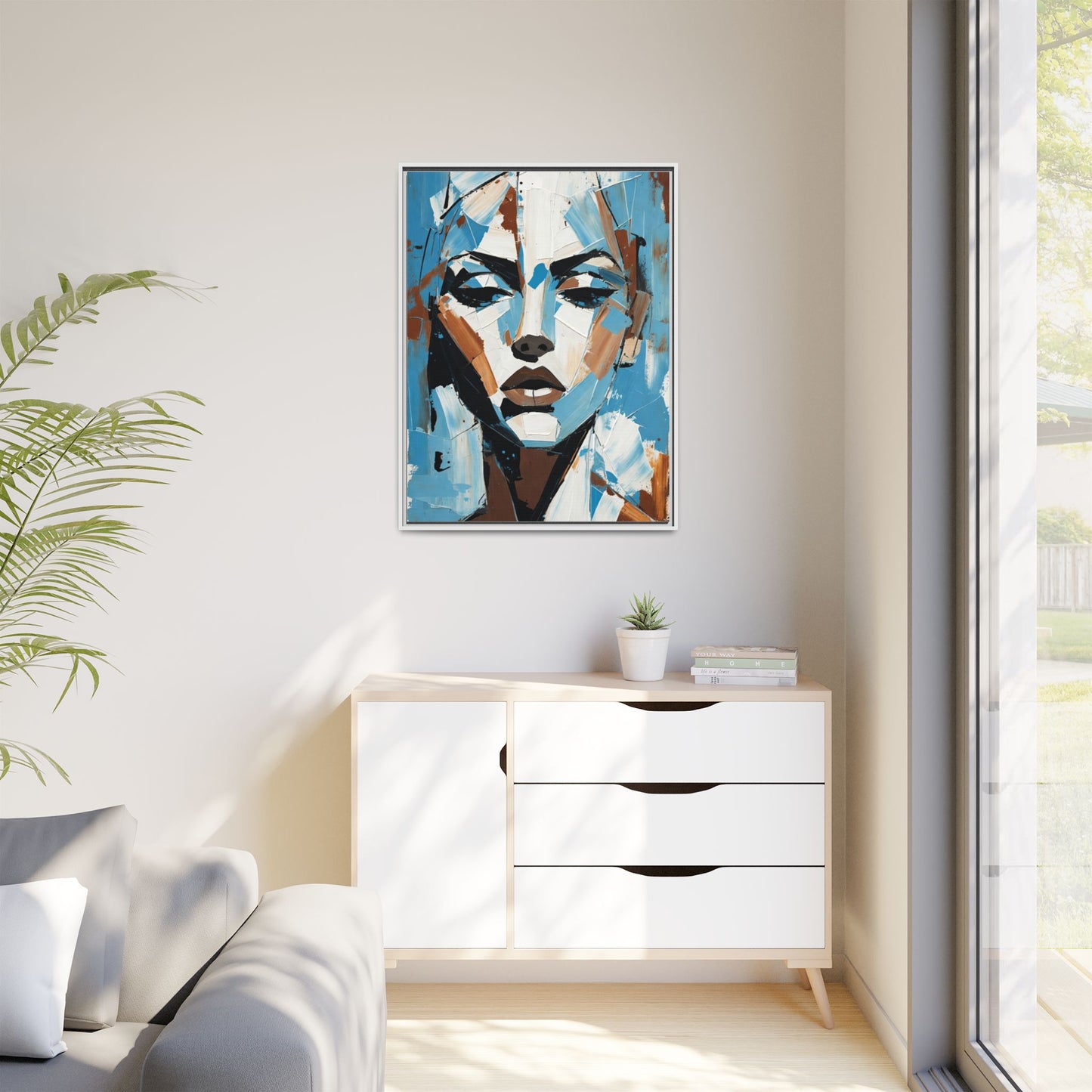 Abstract Blue Face Matte Canvas Wall Art — Framed Modern Portrait Print