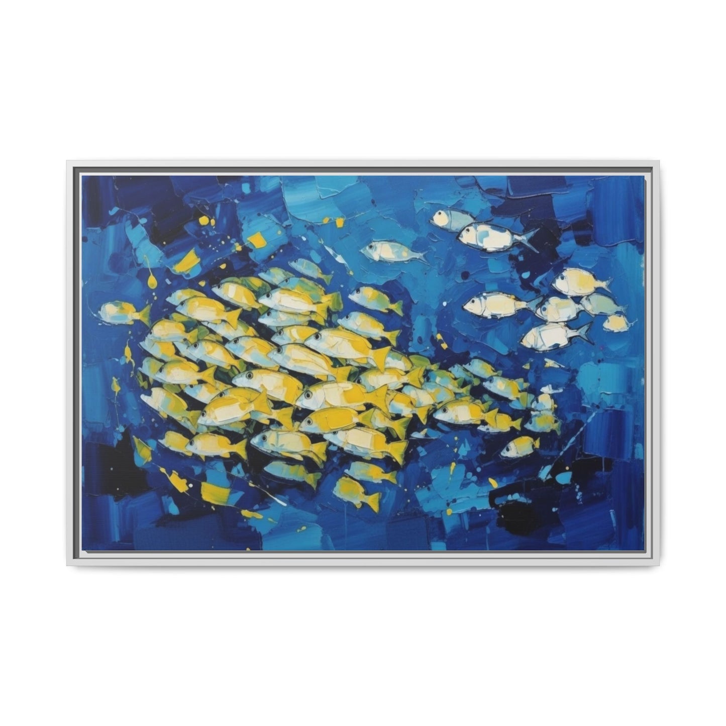 Framed Matte Canvas: Blue School of Fish Wall Art