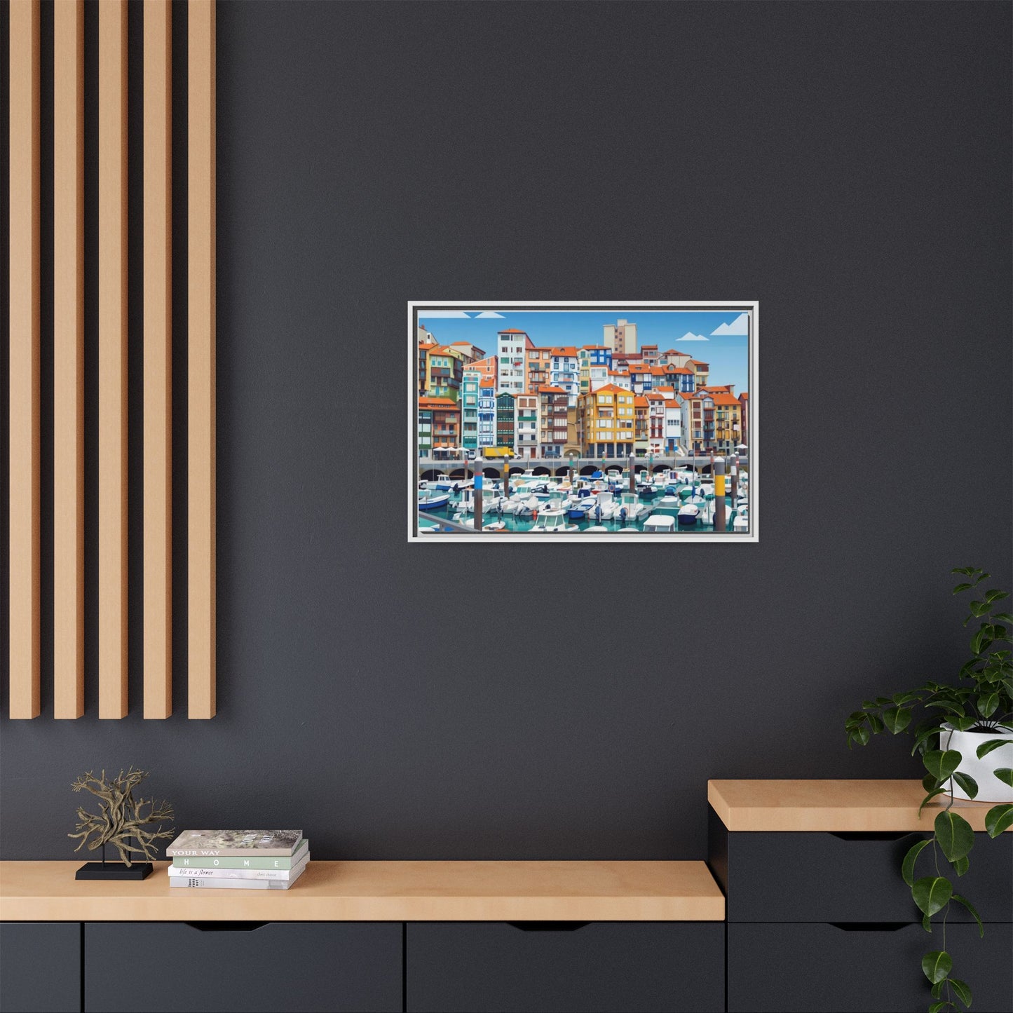 Framed Matte Canvas Print — Colorful Mediterranean Harbor Illustration