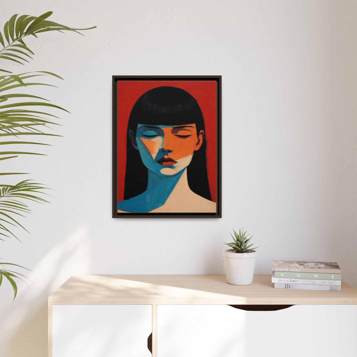 Framed Matte Canvas Art – Minimalist Portrait in Red & Teal
