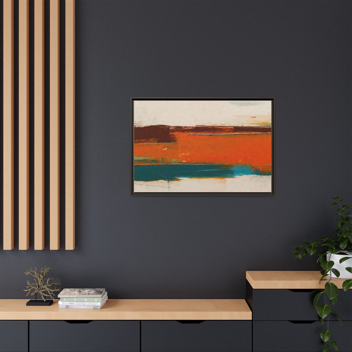 Abstract Horizon Matte Canvas Framed Print — Modern Orange Teal Wall Art