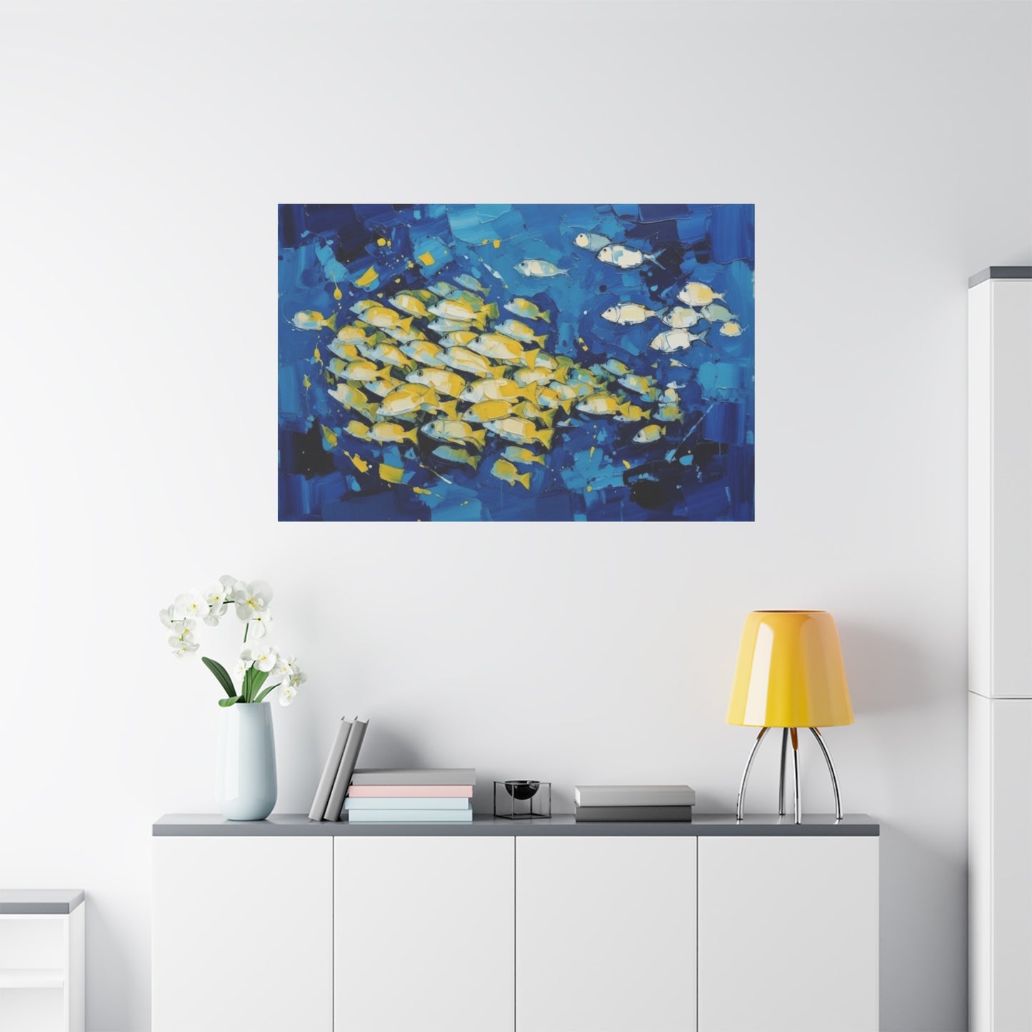 Canvas Wall Art - Blue School of Fish Matte Stretched Canvas