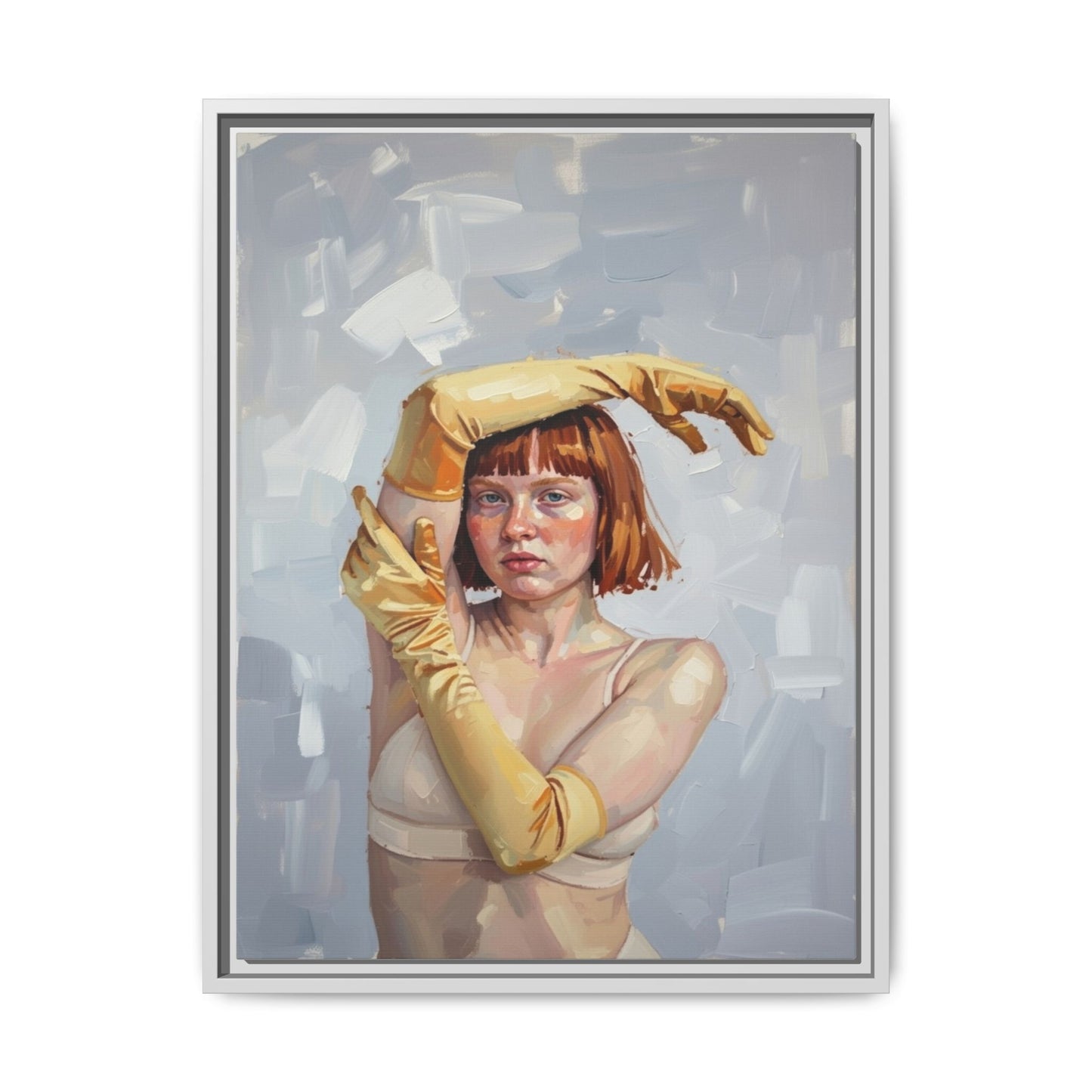 Contemporary Portrait Canvas Print — Woman with Yellow Gloves (Framed Matte)