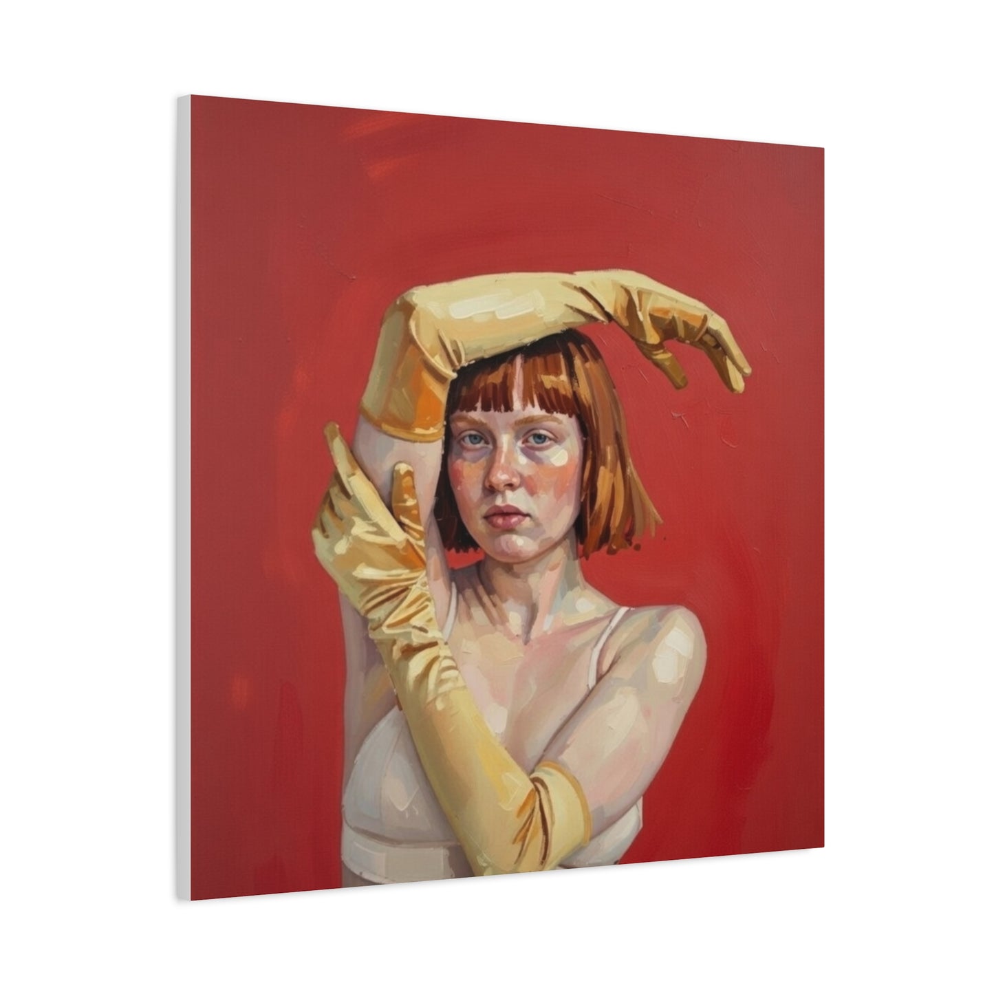 Figurative Portrait Canvas — Woman with Yellow Gloves on Red Background