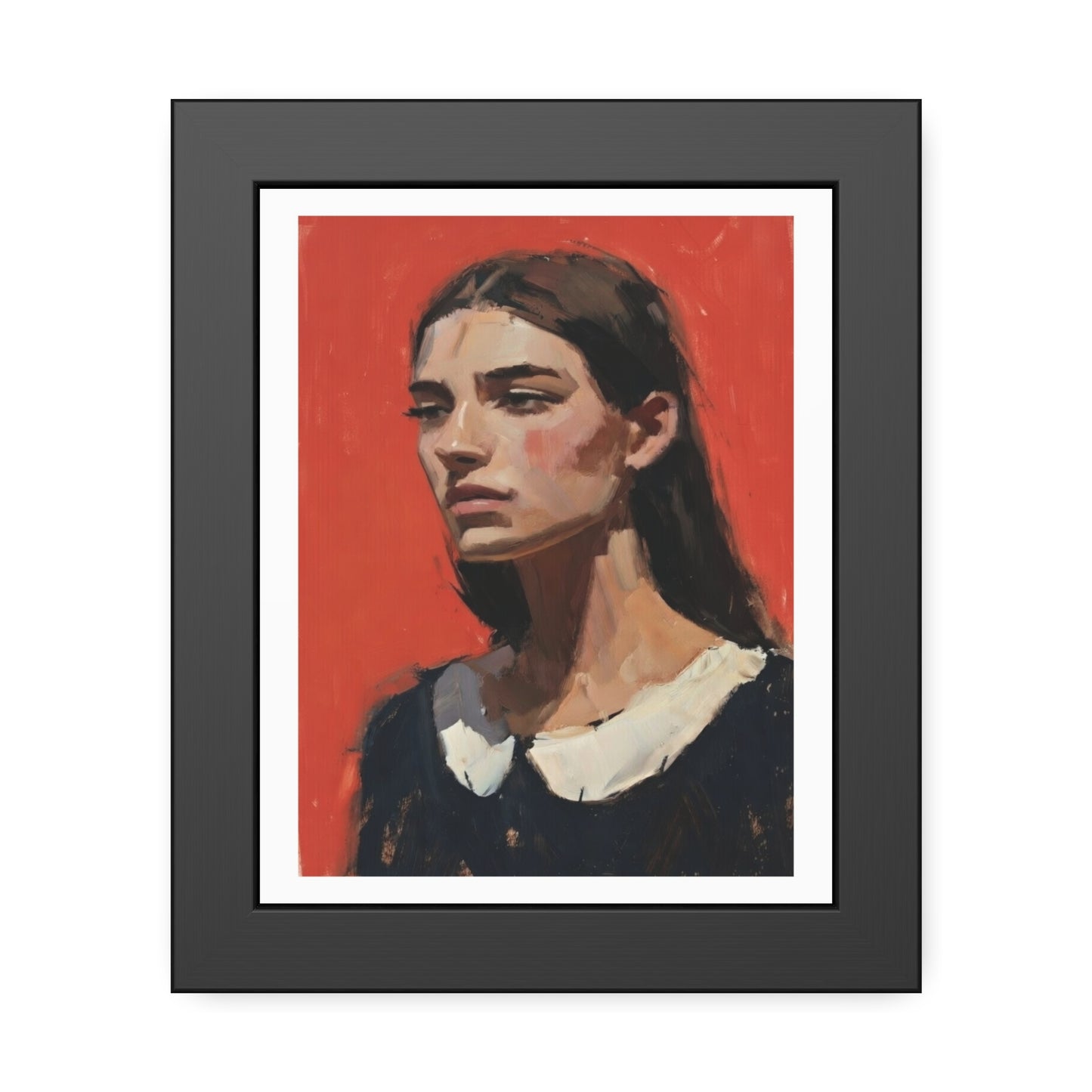 Framed Art Print — Distant Woman Portrait Painting on Red Background