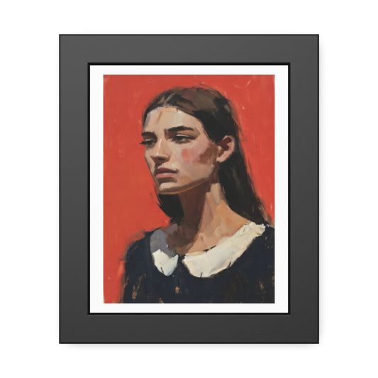 Framed Art Print — Distant Woman Portrait Painting on Red Background