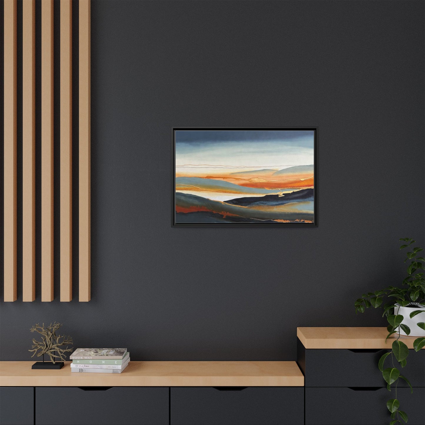 Framed Matte Canvas: Abstract Coastal Sunset Landscape Wall Art