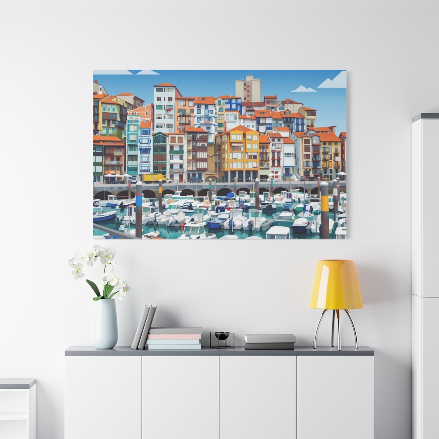 Colorful Coastal Harbor Matte Canvas Print — Stretched Wall Art