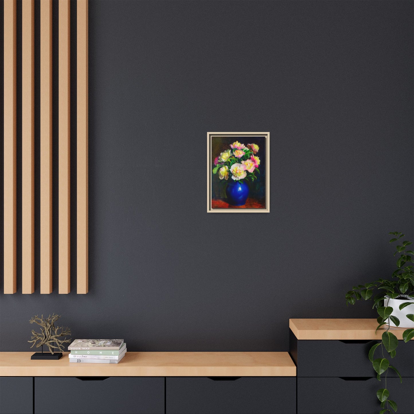 Framed Matte Canvas Wall Art — Vintage Floral Bouquet in Blue Vase