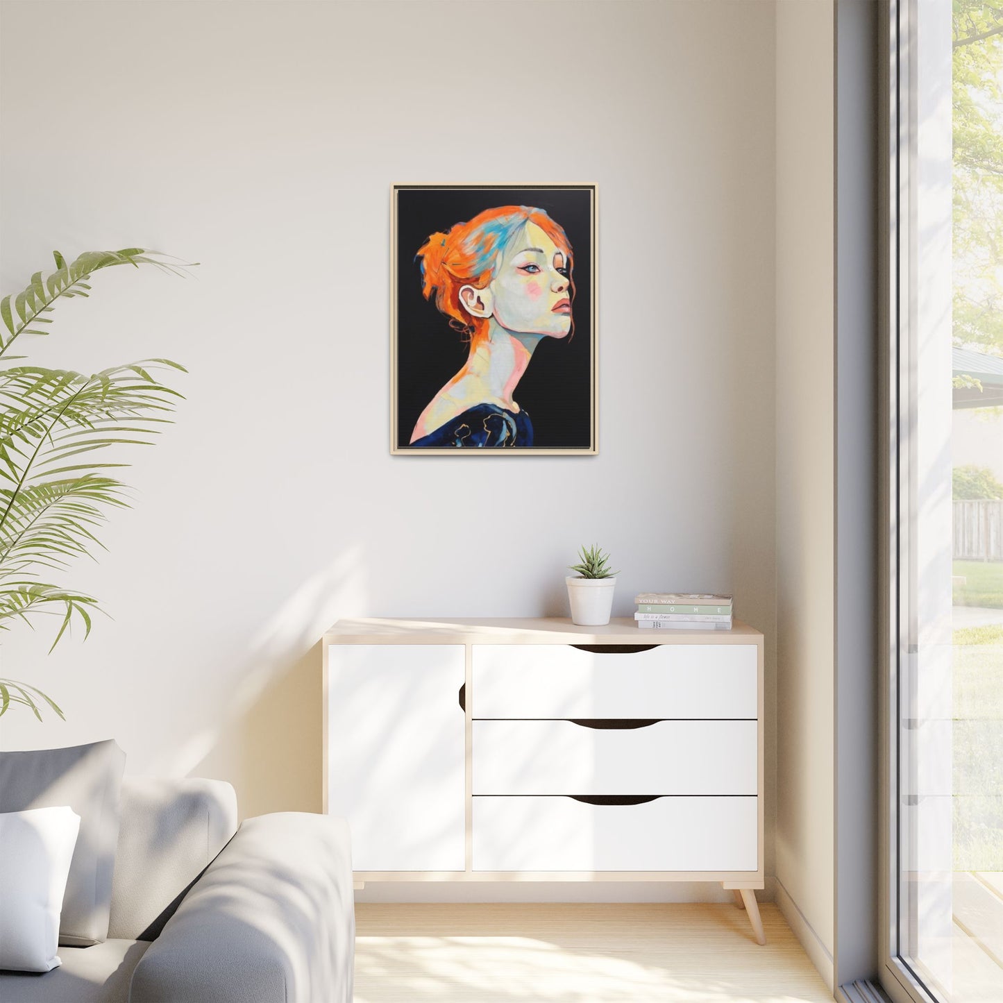Framed Matte Canvas Portrait — Vibrant Multi‑Color Woman Wall Art