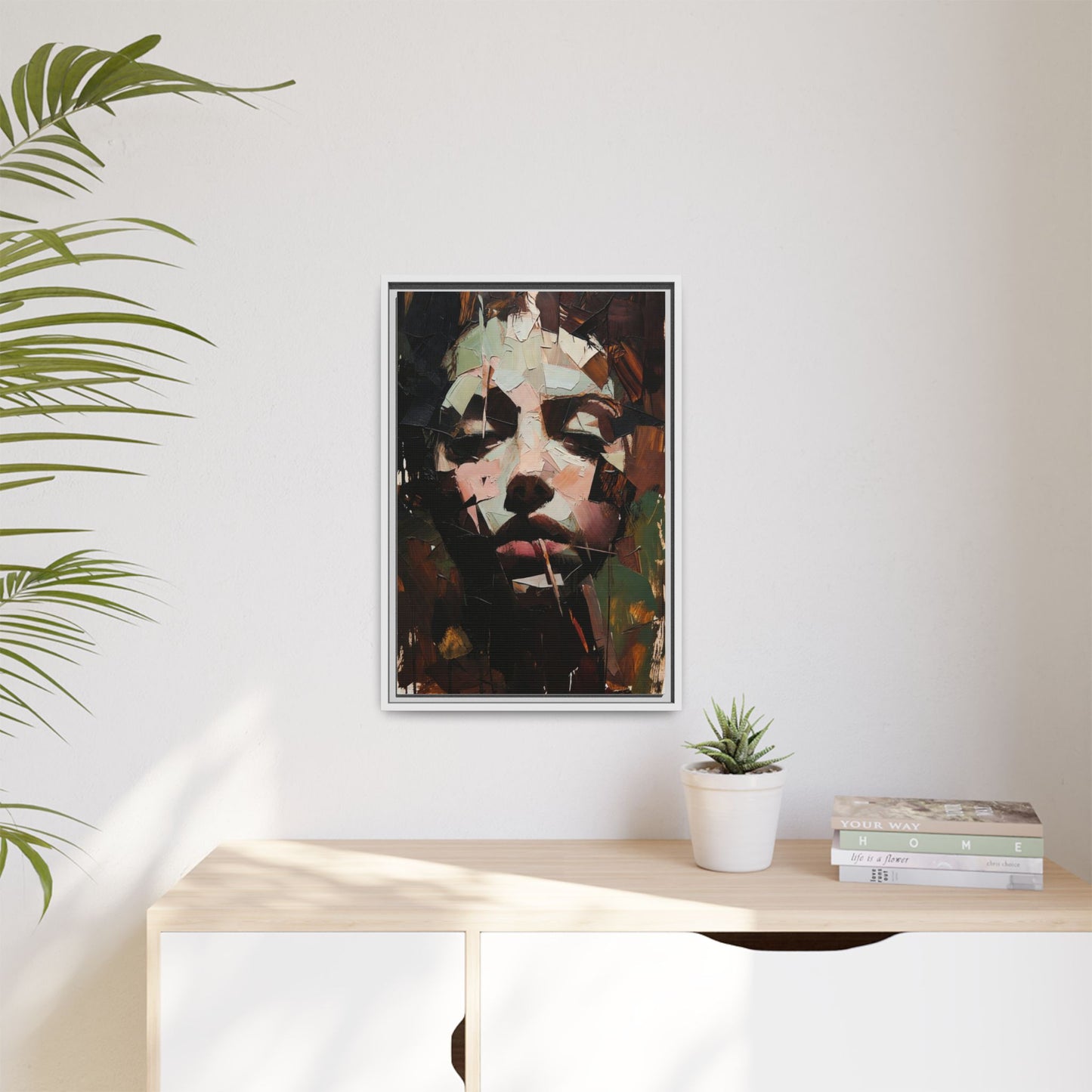 Matte Framed Canvas Art — Abstract Female Portrait, Moody Multicolor