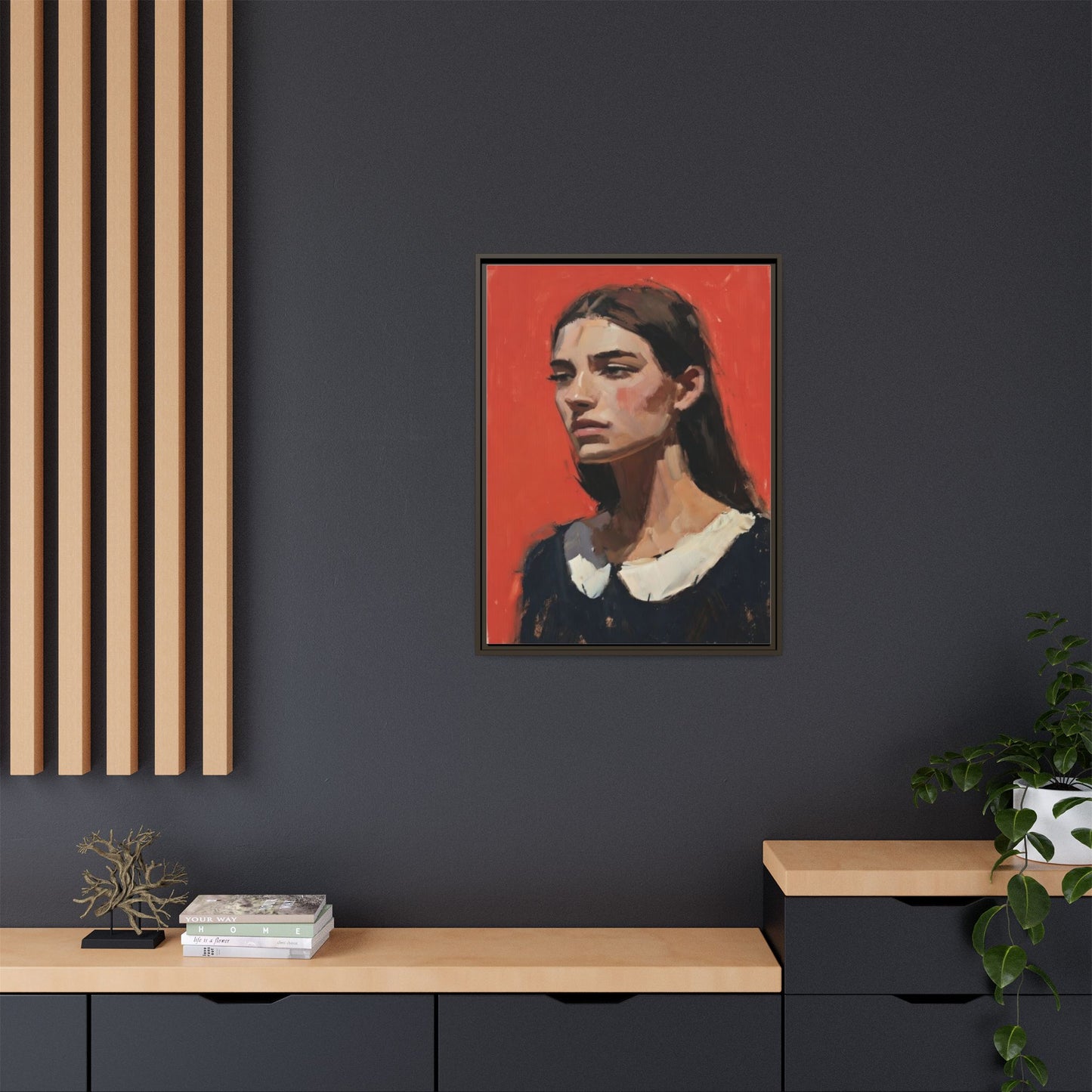 Framed Matte Canvas Portrait Print — Moody Red Figurative Art