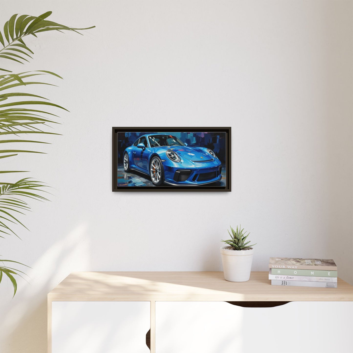 Blue Sports Car Matte Canvas Framed Print — Modern Automotive Wall Art