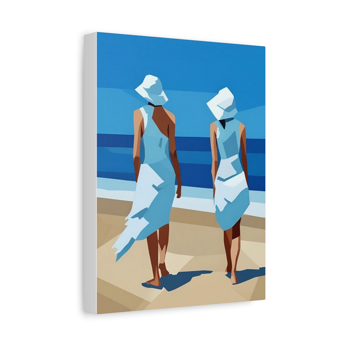 Beach Stroll Canvas Print — Two Women in Blue Sun Hats Matte Stretched