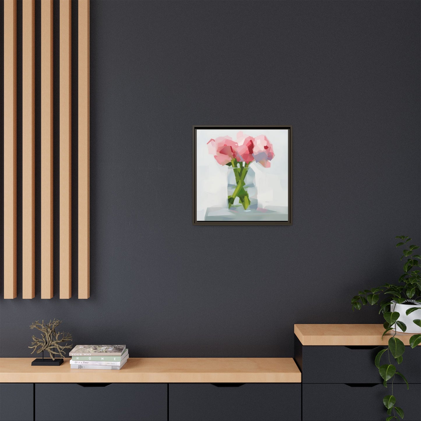Framed Floral Canvas Art — Pink Peonies in Vase (Matte)