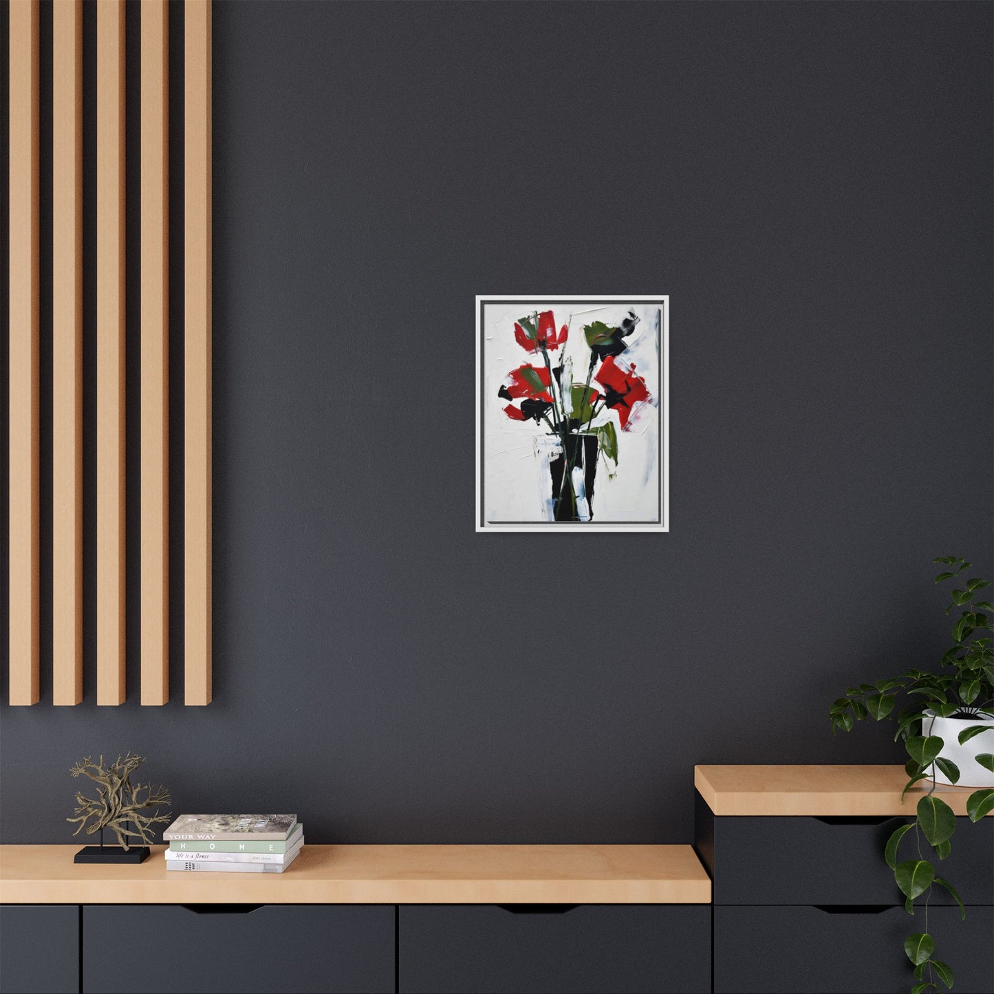 Framed Abstract Floral Canvas Print — Red Poppies in Black Vase