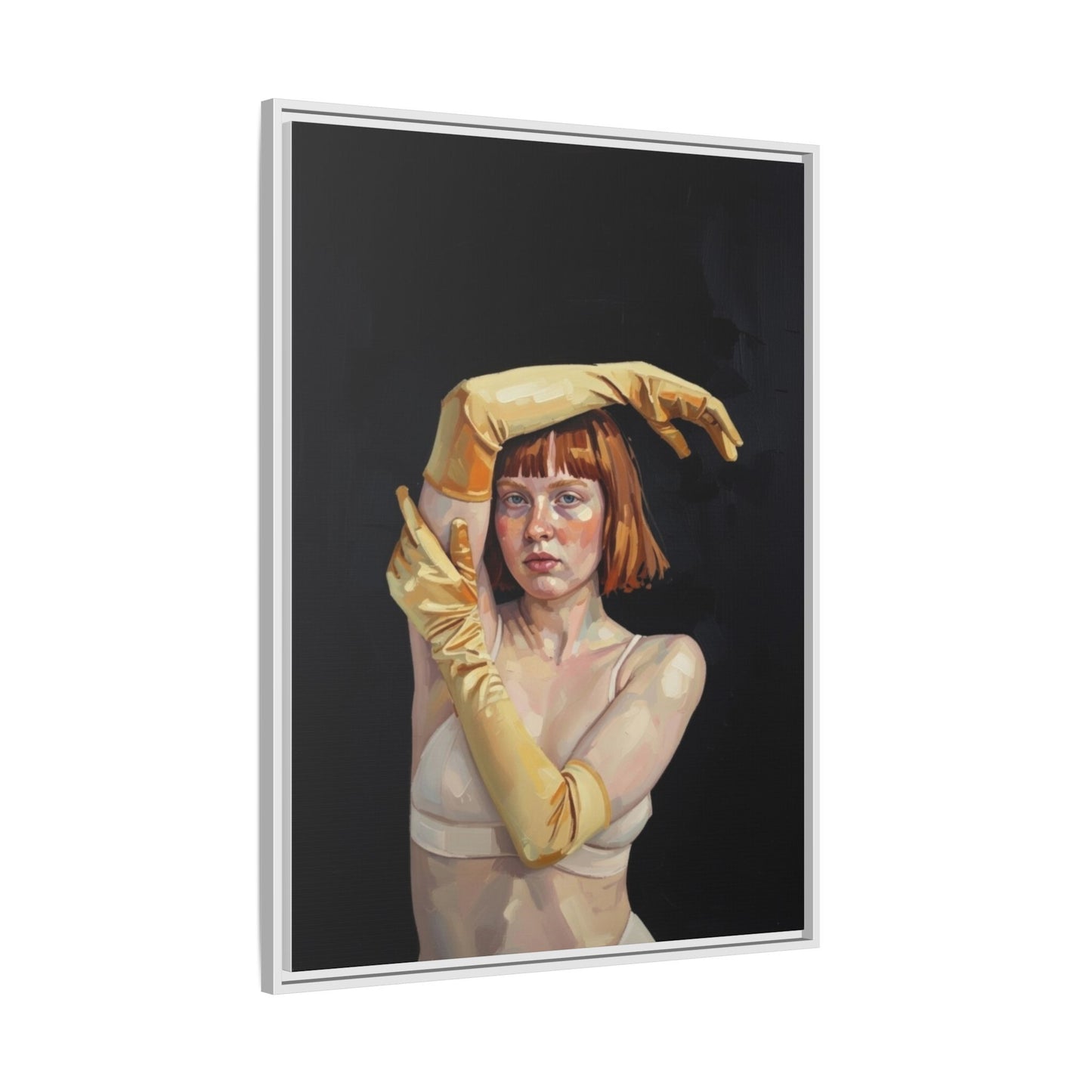 Framed Matte Canvas Art – Portrait of Woman in Yellow Gloves