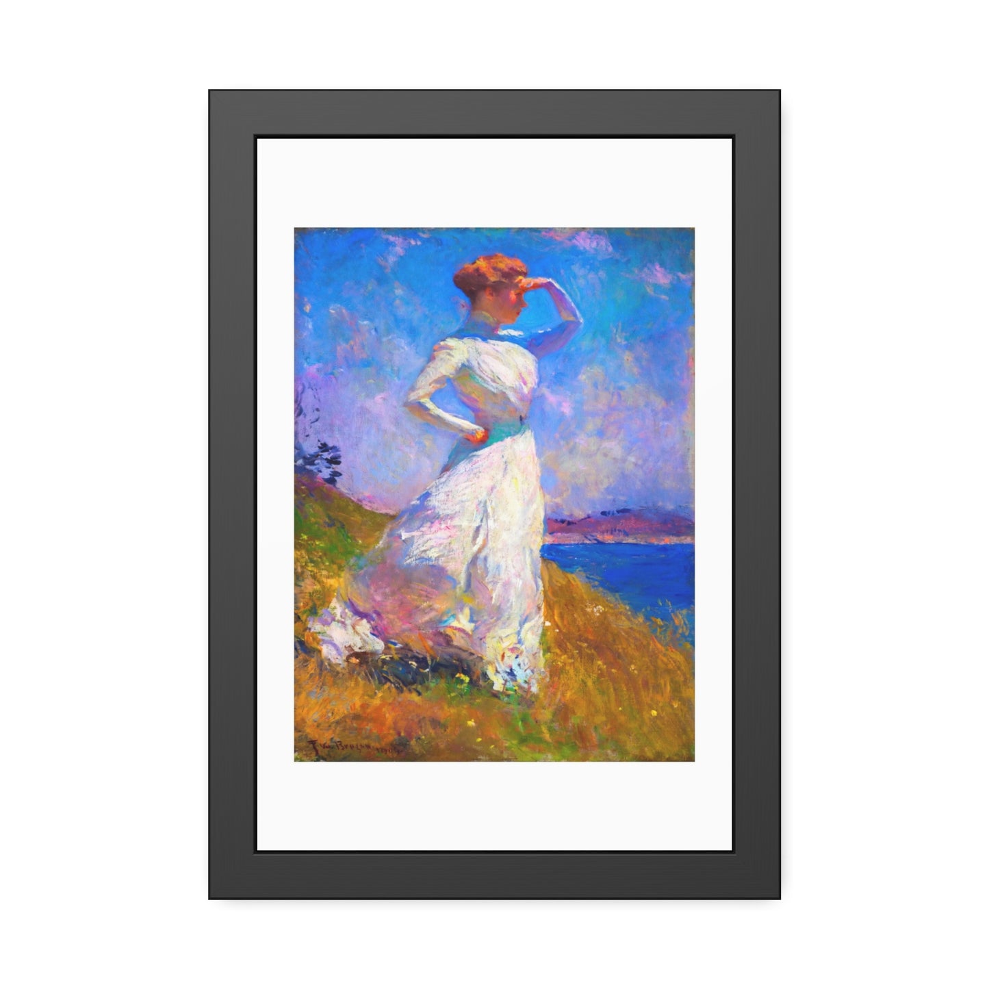 Coastal Impressionist Framed Poster — Woman in White Seaside Art Print