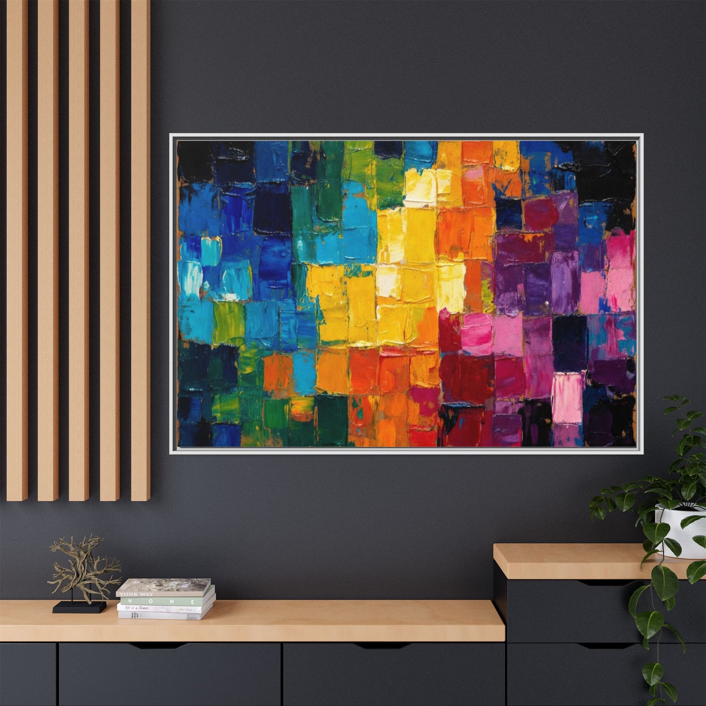 Abstract Rainbow Mosaic Framed Canvas Print — Colorful Modern Wall Art