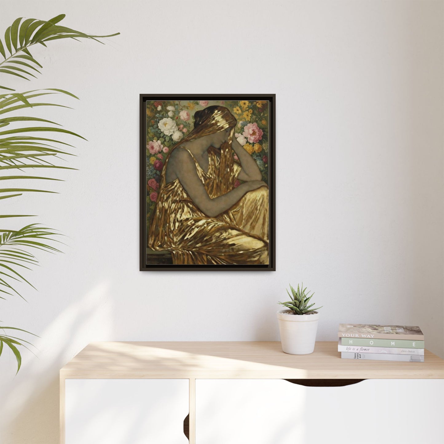Framed Canvas Art Print — Golden Muse Woman with Floral Background