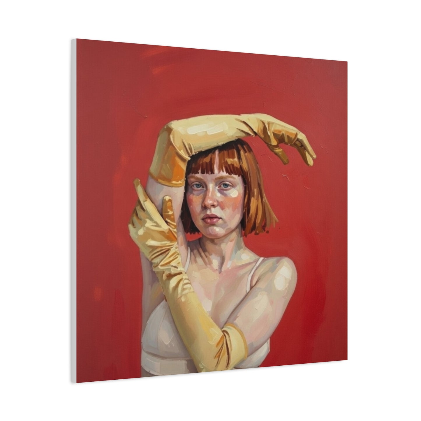 Figurative Portrait Canvas — Woman with Yellow Gloves on Red Background