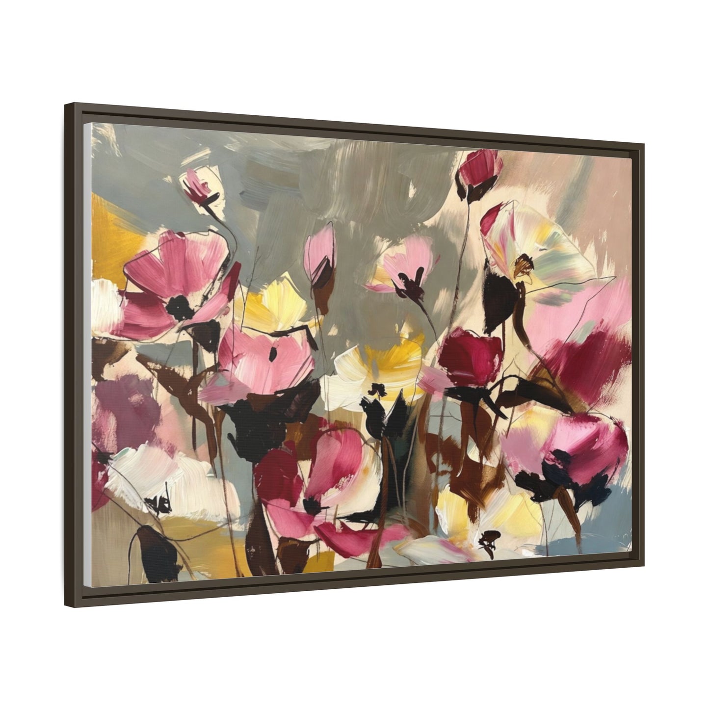 Framed Floral Canvas Wall Art — Abstract Pink & Yellow Flowers
