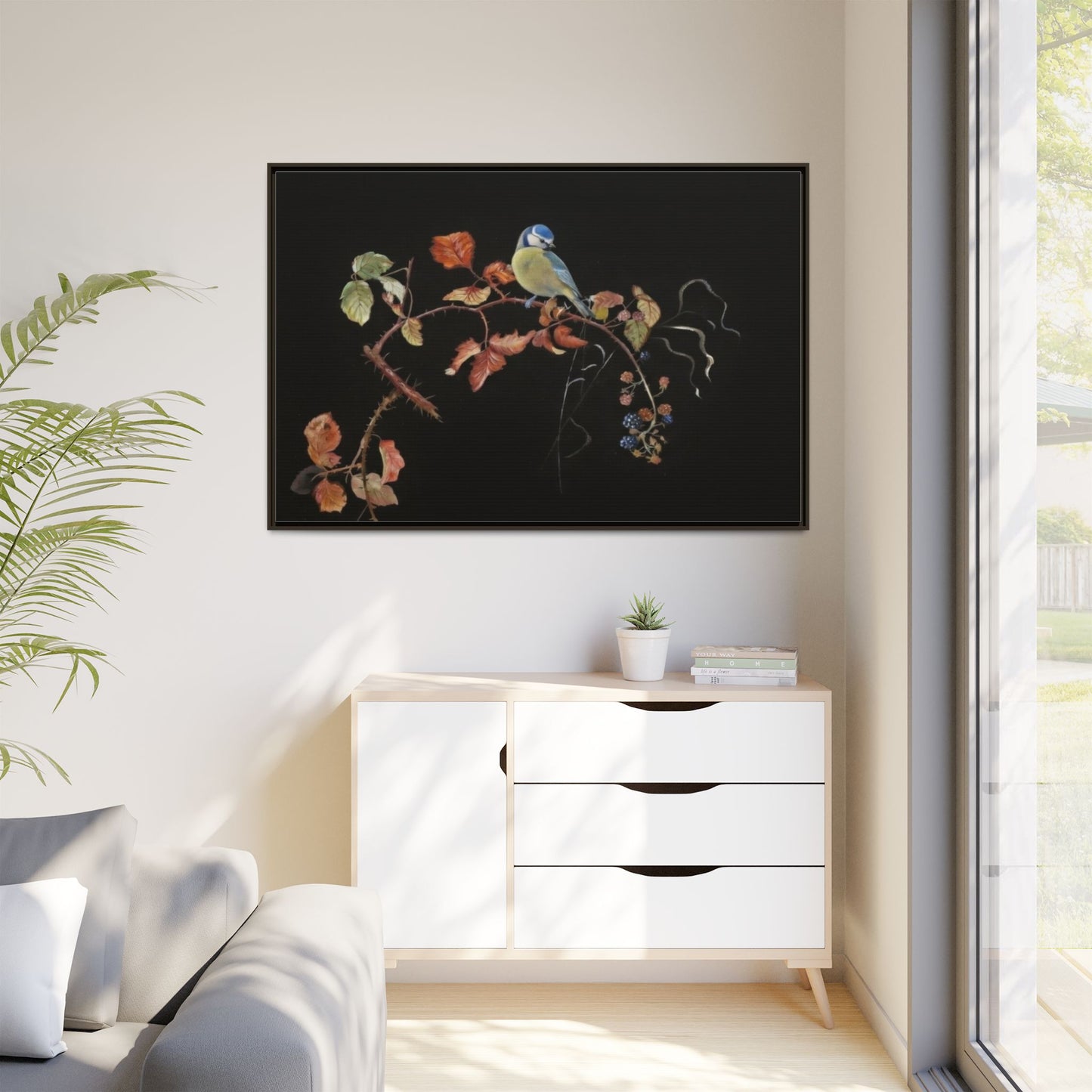 Framed Matte Canvas - Blue Tit on Autumn Branch Wall Art