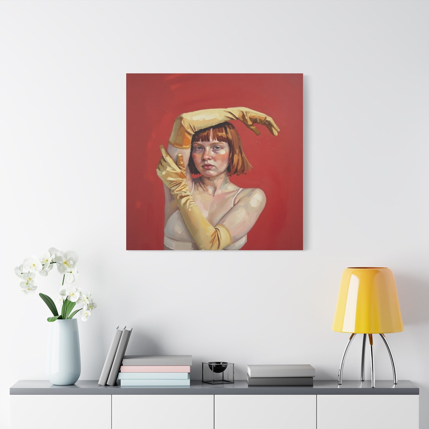 Figurative Portrait Canvas — Woman with Yellow Gloves on Red Background