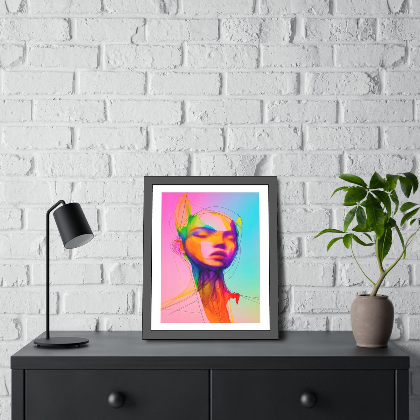 Framed Poster — Vibrant Neon Abstract Portrait Art Print