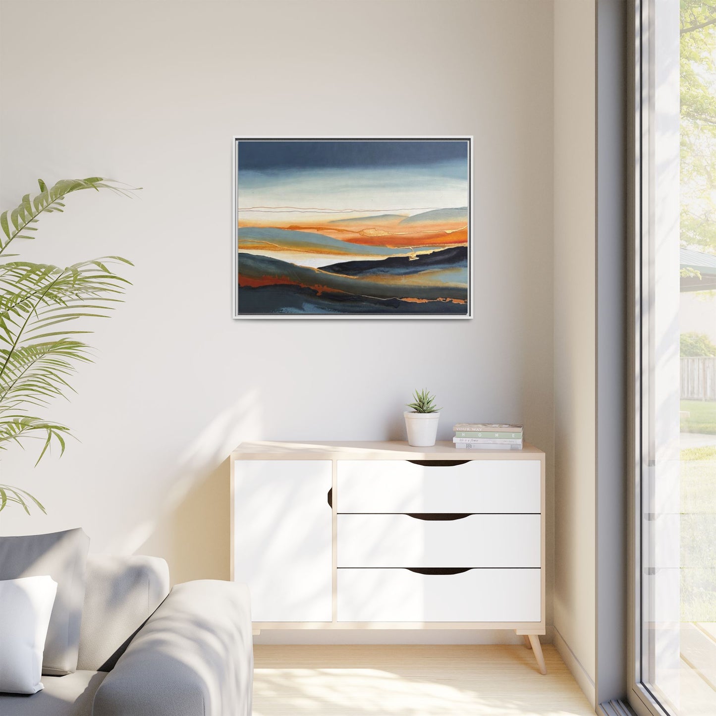 Framed Matte Canvas: Abstract Coastal Sunset Landscape Wall Art