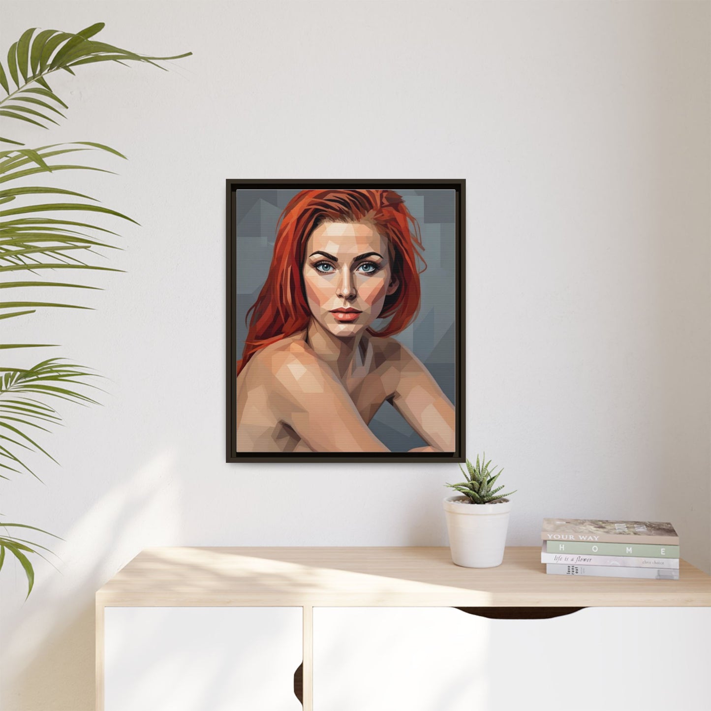 Framed Matte Canvas Portrait — Geometric Redhead Wall Art