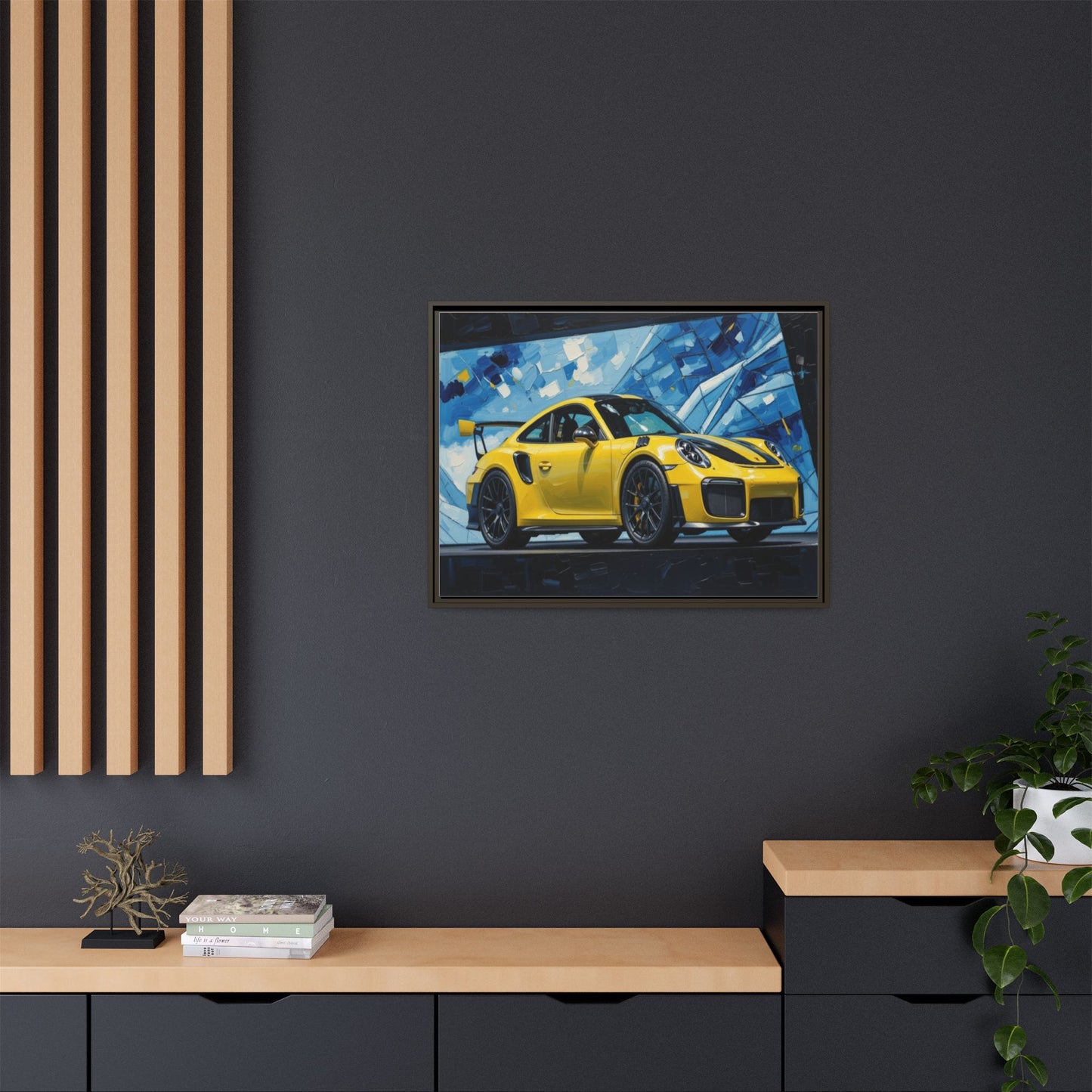 Yellow Porsche Sports Car Matte Framed Canvas – Modern Automotive Wall Art