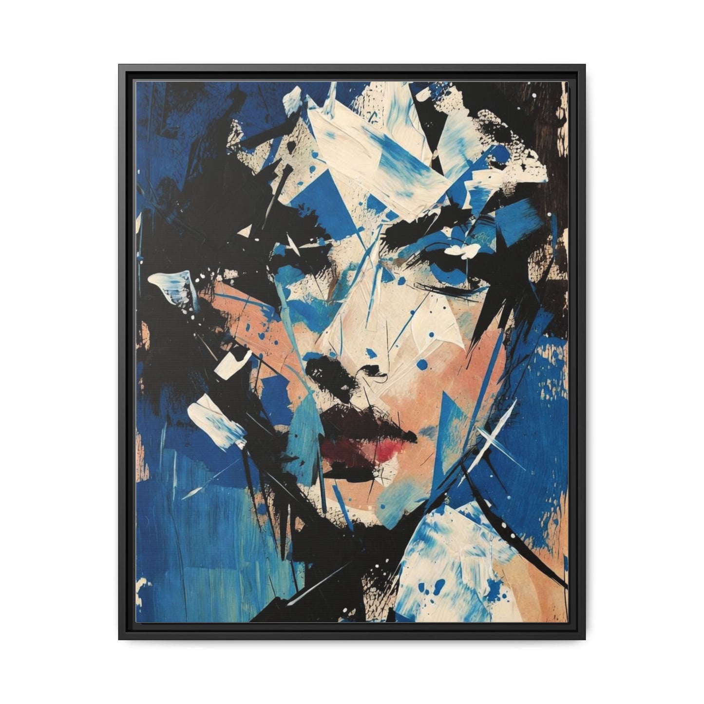 Abstract Portrait Matte Canvas Framed Wall Art — Blue Mixed-Media Face Print