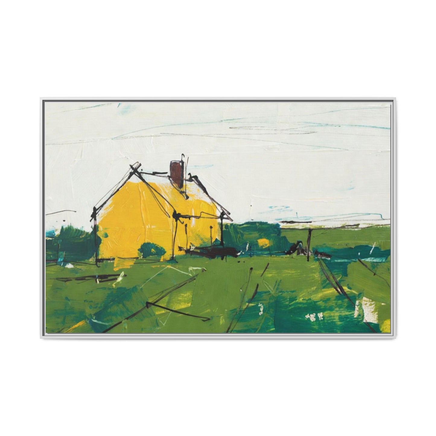 Yellow Cottage Landscape Framed Canvas Print