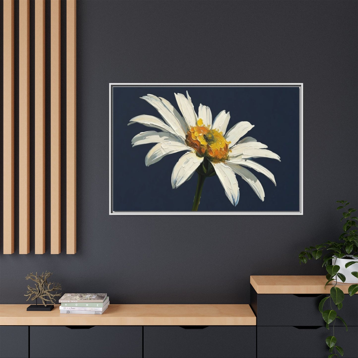 Framed Matte Canvas Daisy Wall Art — White Floral Painting on Navy