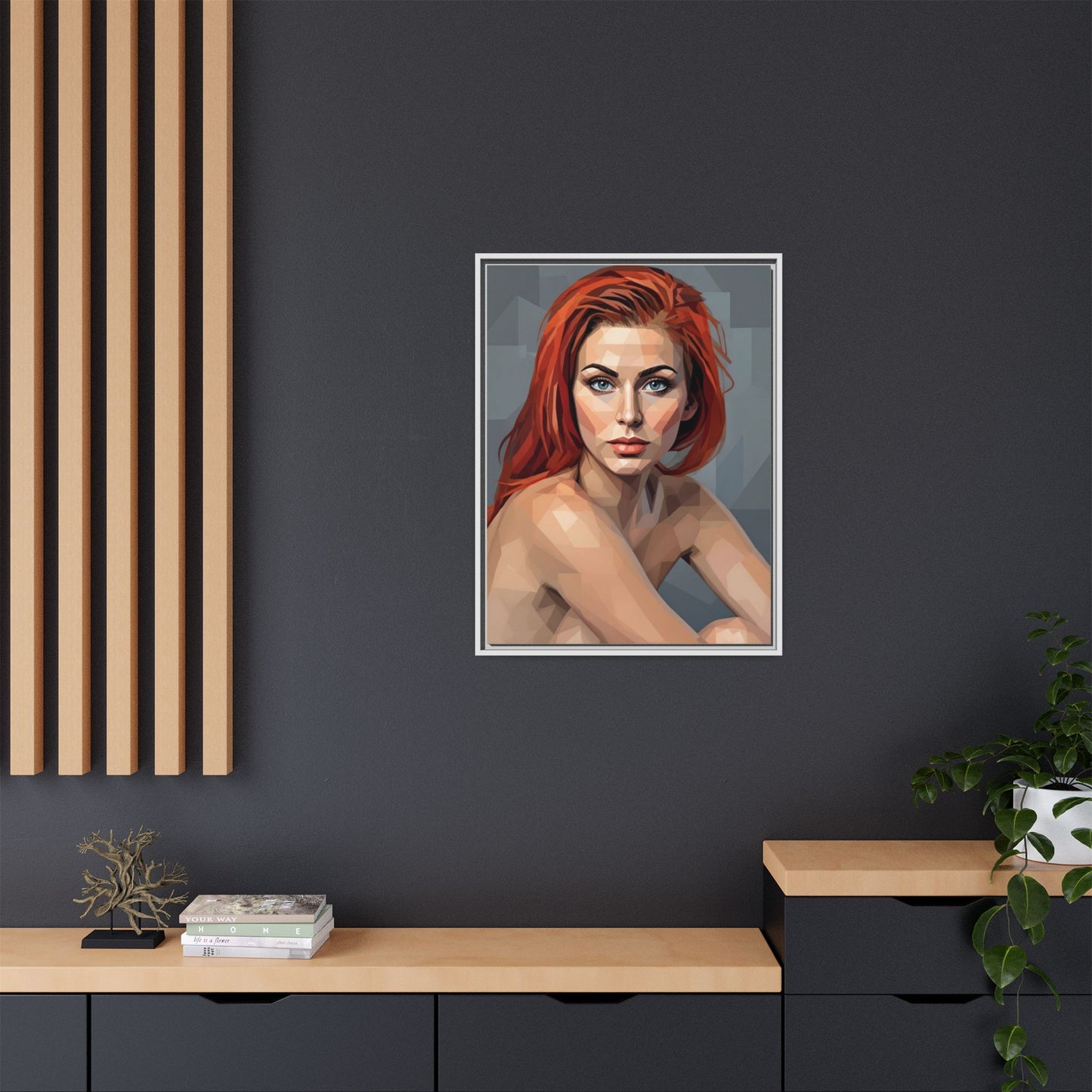 Framed Matte Canvas Portrait — Geometric Redhead Wall Art