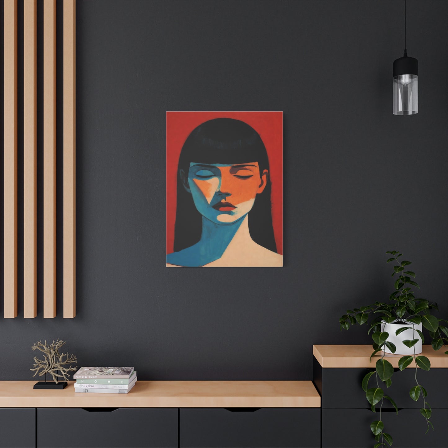 Portrait Canvas Wall Art — Modern Minimalist Woman in Red & Blue