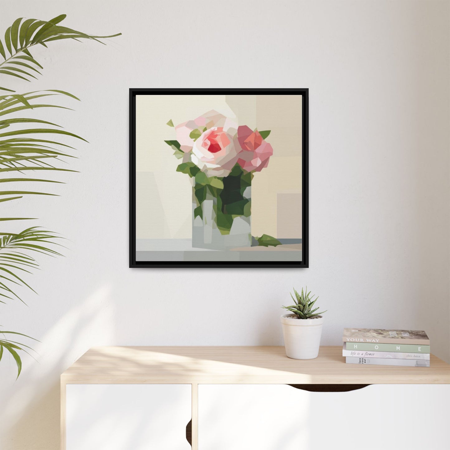 Framed Floral Canvas Print — Geometric Pink Rose Wall Art