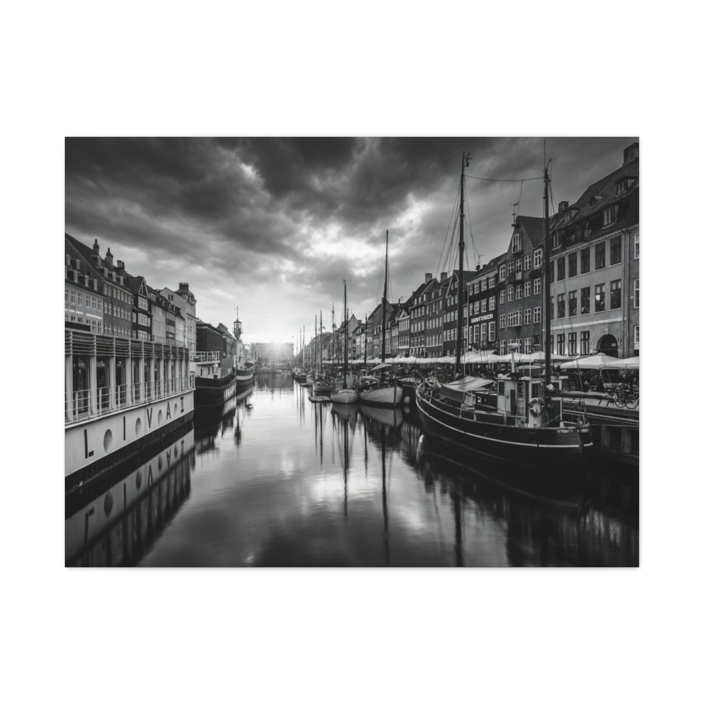 Black & White Harbor Canvas Print — Dramatic Copenhagen Cityscape Wall Art