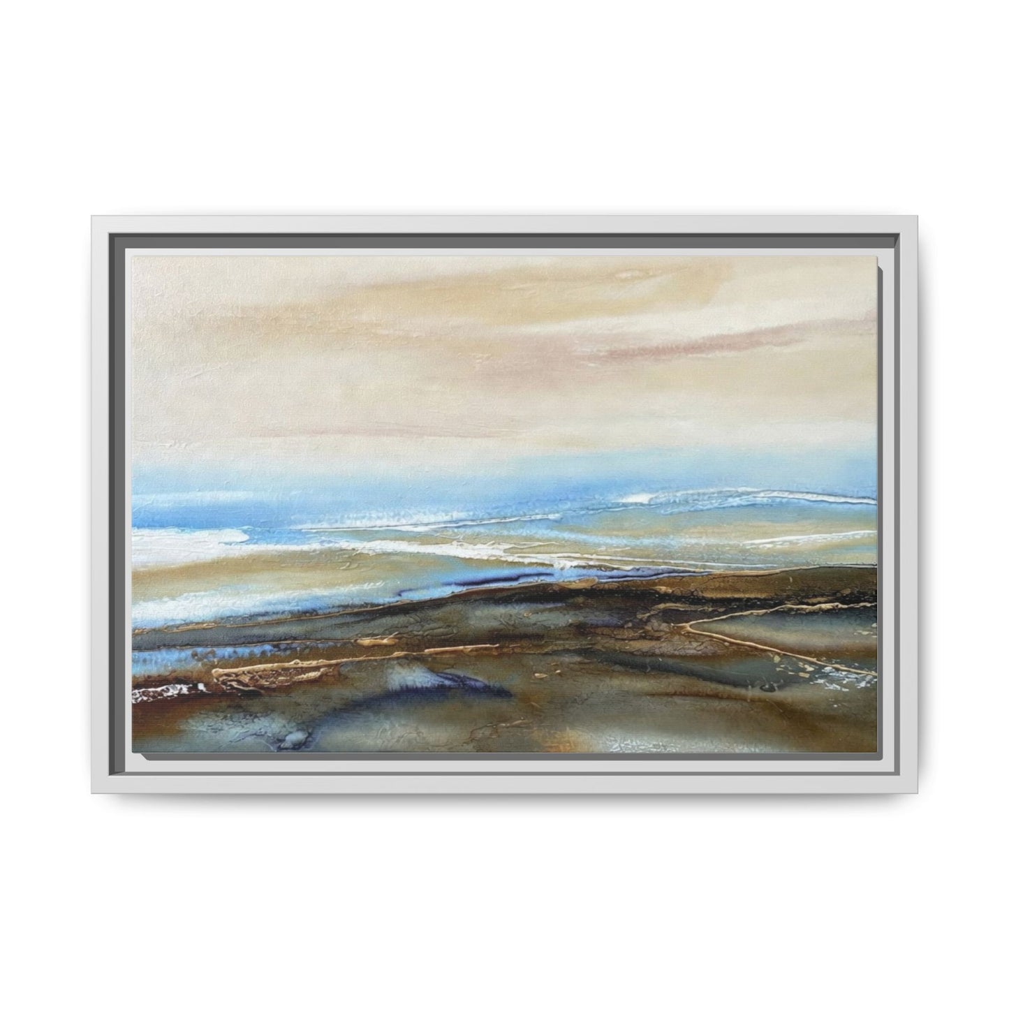 Framed Abstract Seascape Matte Canvas — Coastal Blue & Earth Tone Wall Art