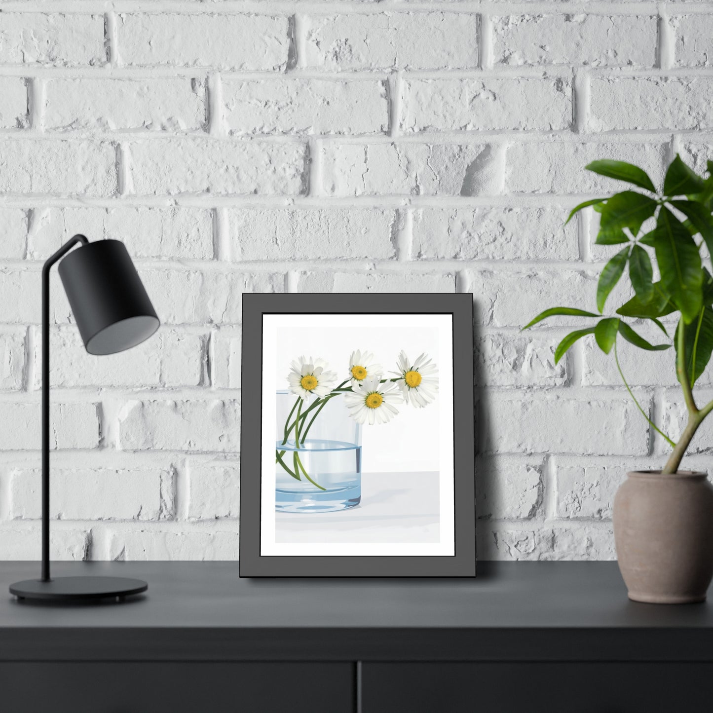 Framed Poster — Daisies in Glass Vase Wall Art, Minimal Botanical Print for Living Room