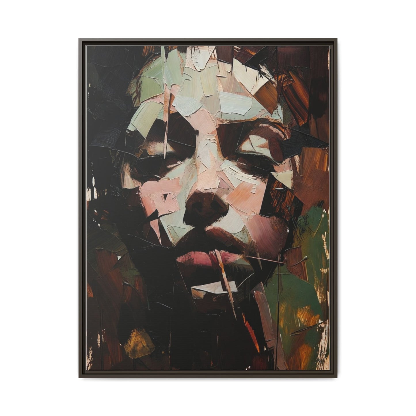 Matte Framed Canvas Art — Abstract Female Portrait, Moody Multicolor