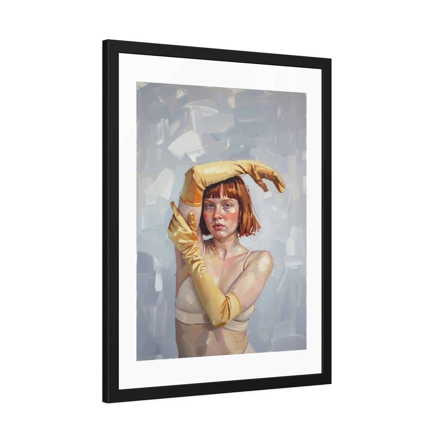 Framed Art Print — Portrait of Woman in Yellow Gloves (Modern Figurative Wall Art)