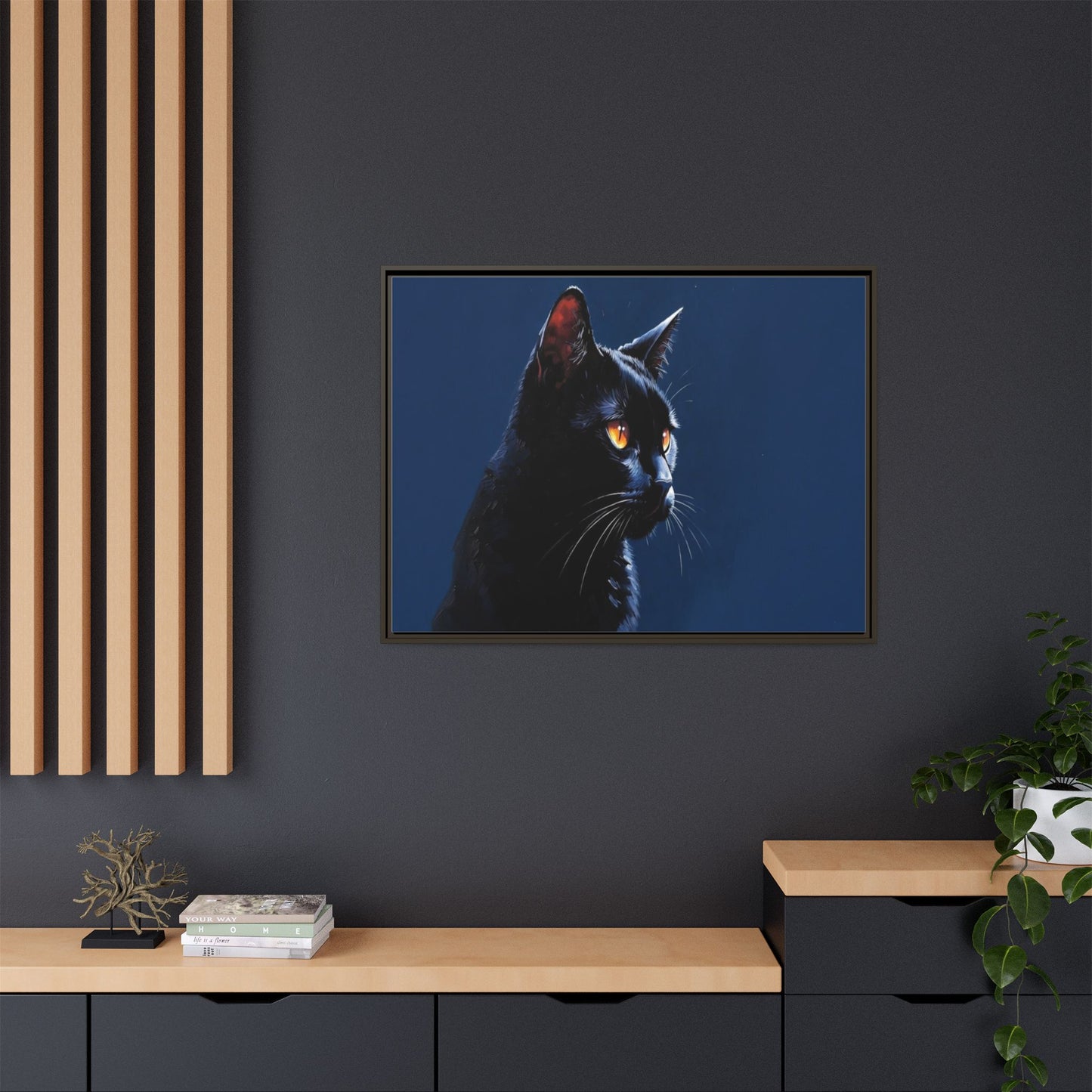 Black Cat Portrait Matte Canvas Framed Wall Art — Dramatic Feline Photo Print