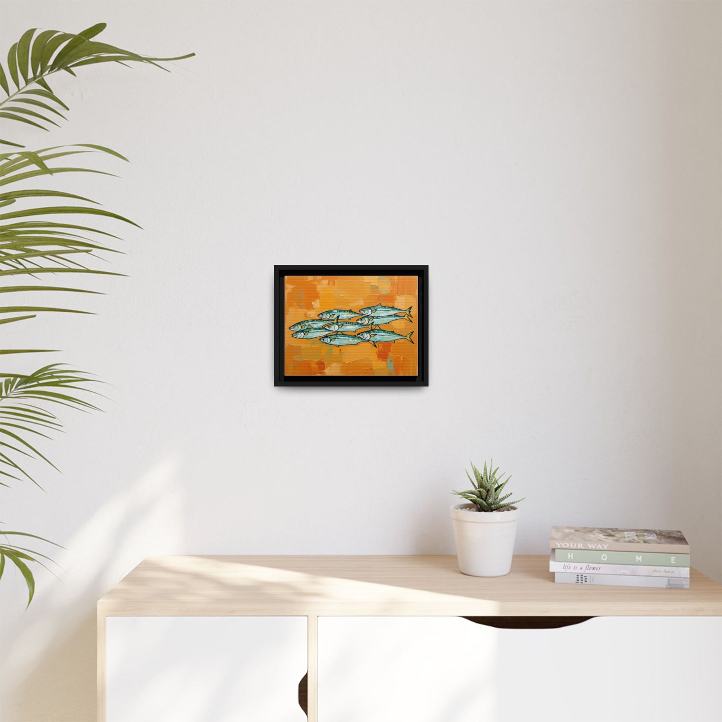 Framed Matte Canvas Print — School of Blue Fish on Orange Abstract Background