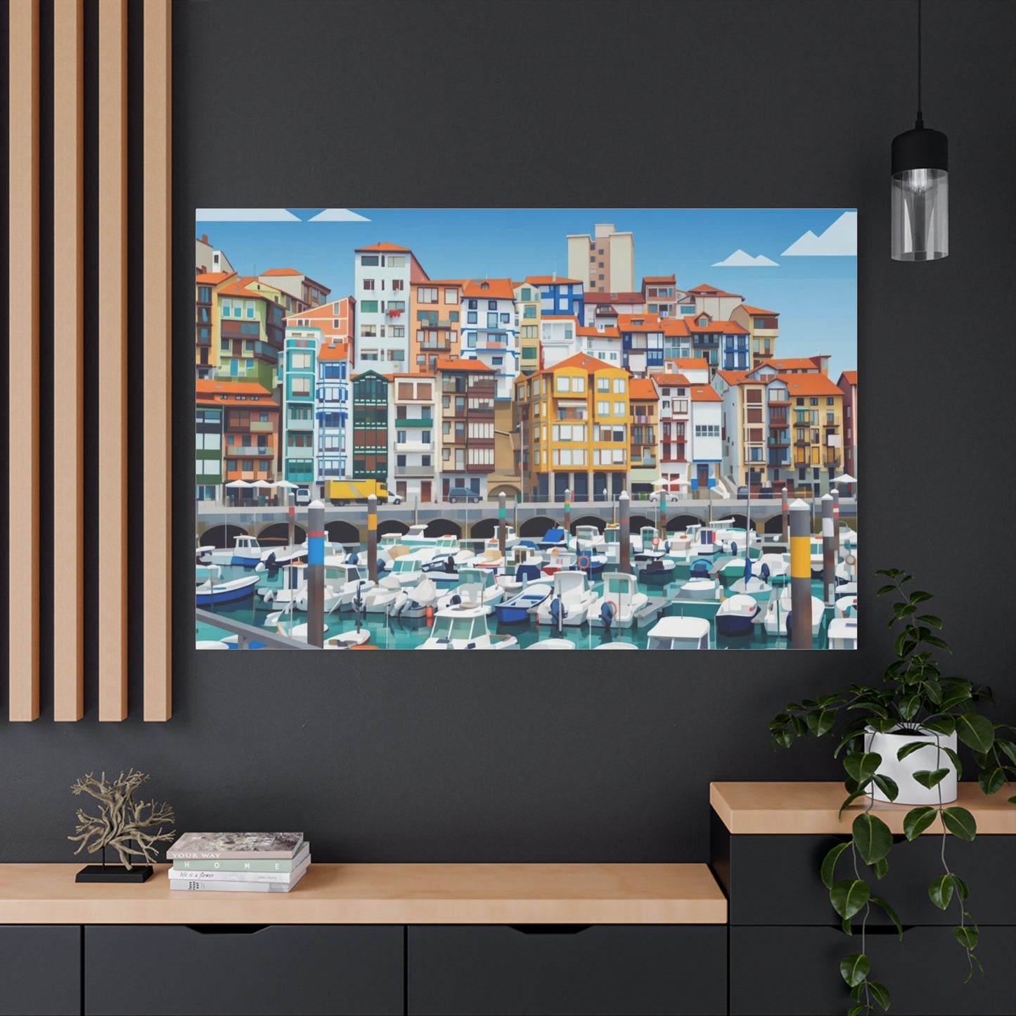 Colorful Coastal Harbor Matte Canvas Print — Stretched Wall Art