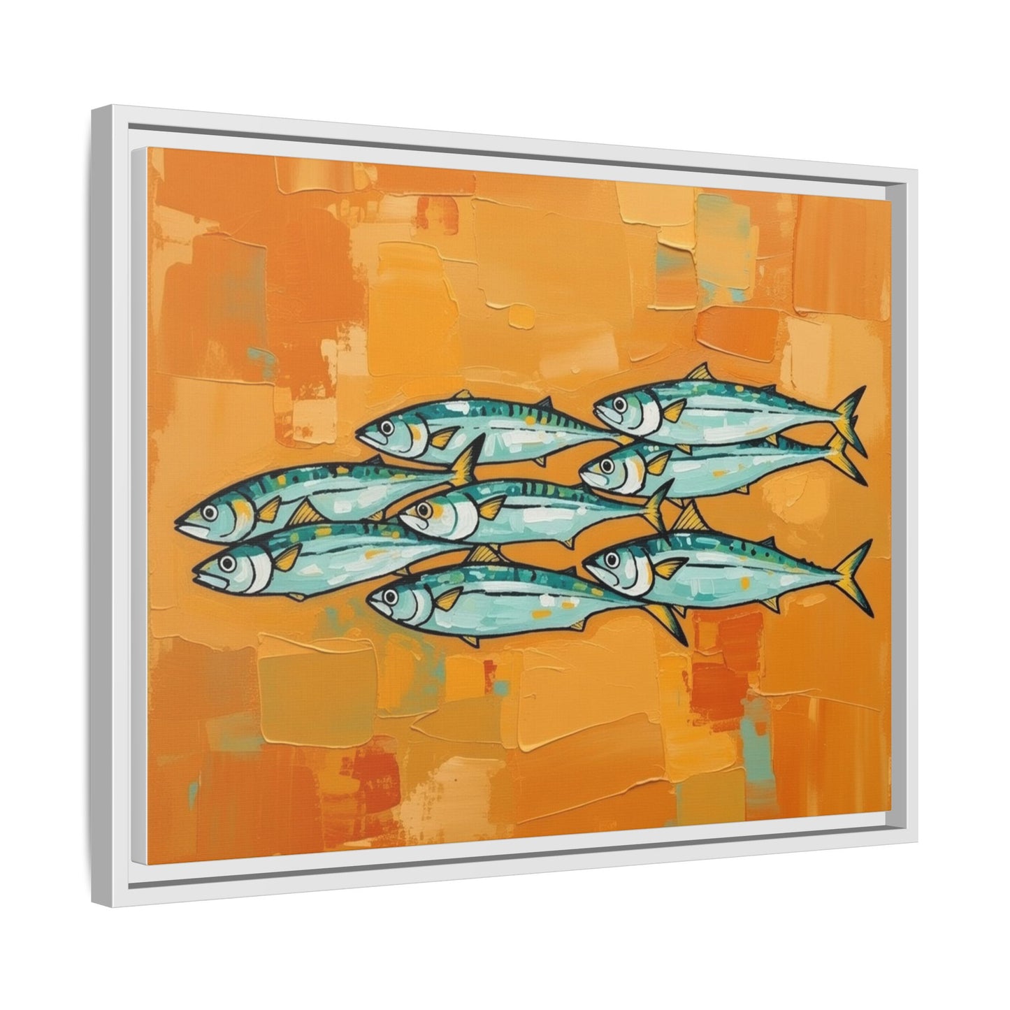 Framed Matte Canvas Print — School of Blue Fish on Orange Abstract Background